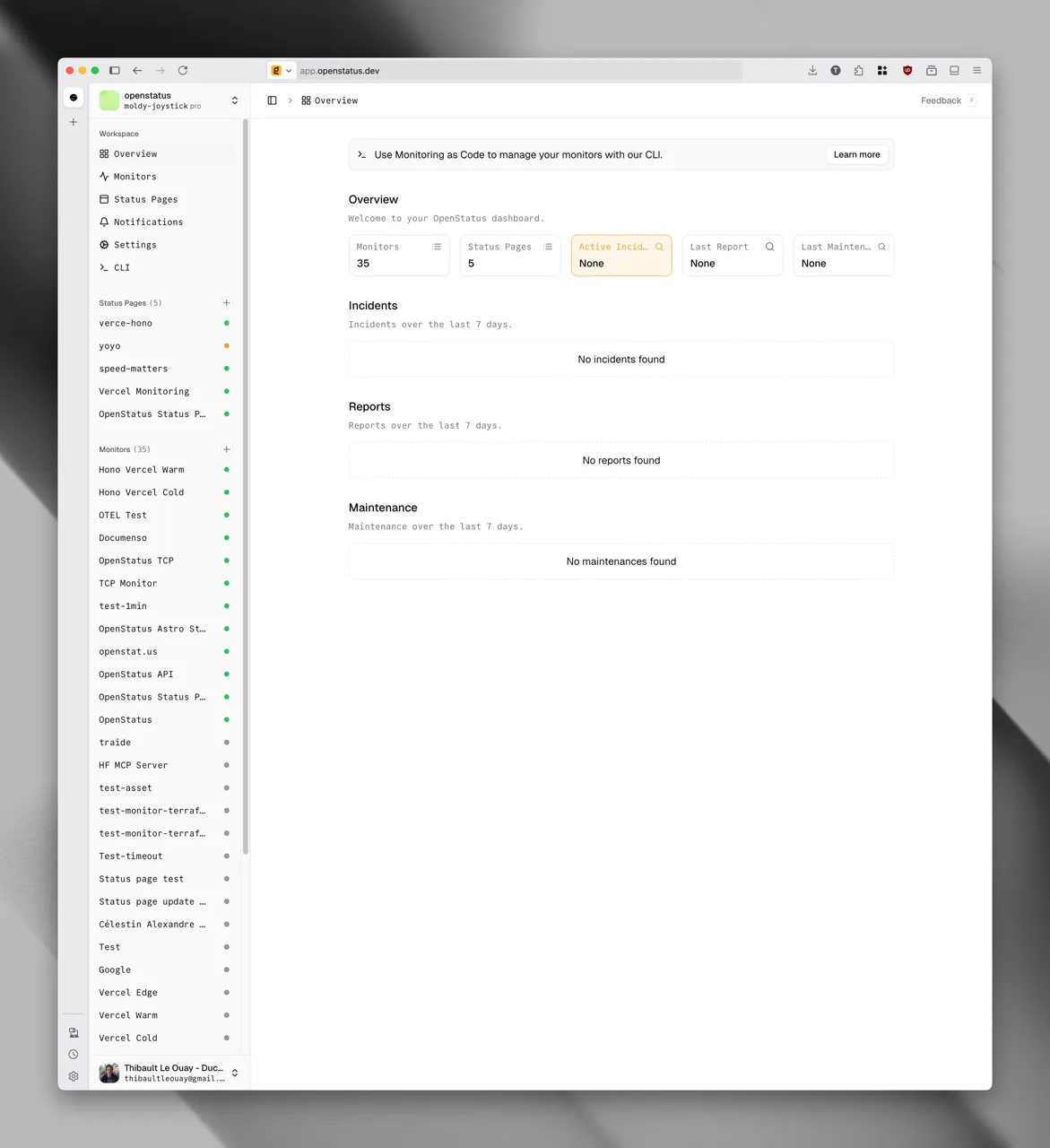 openstatus dashboard showing status codes and response time charts